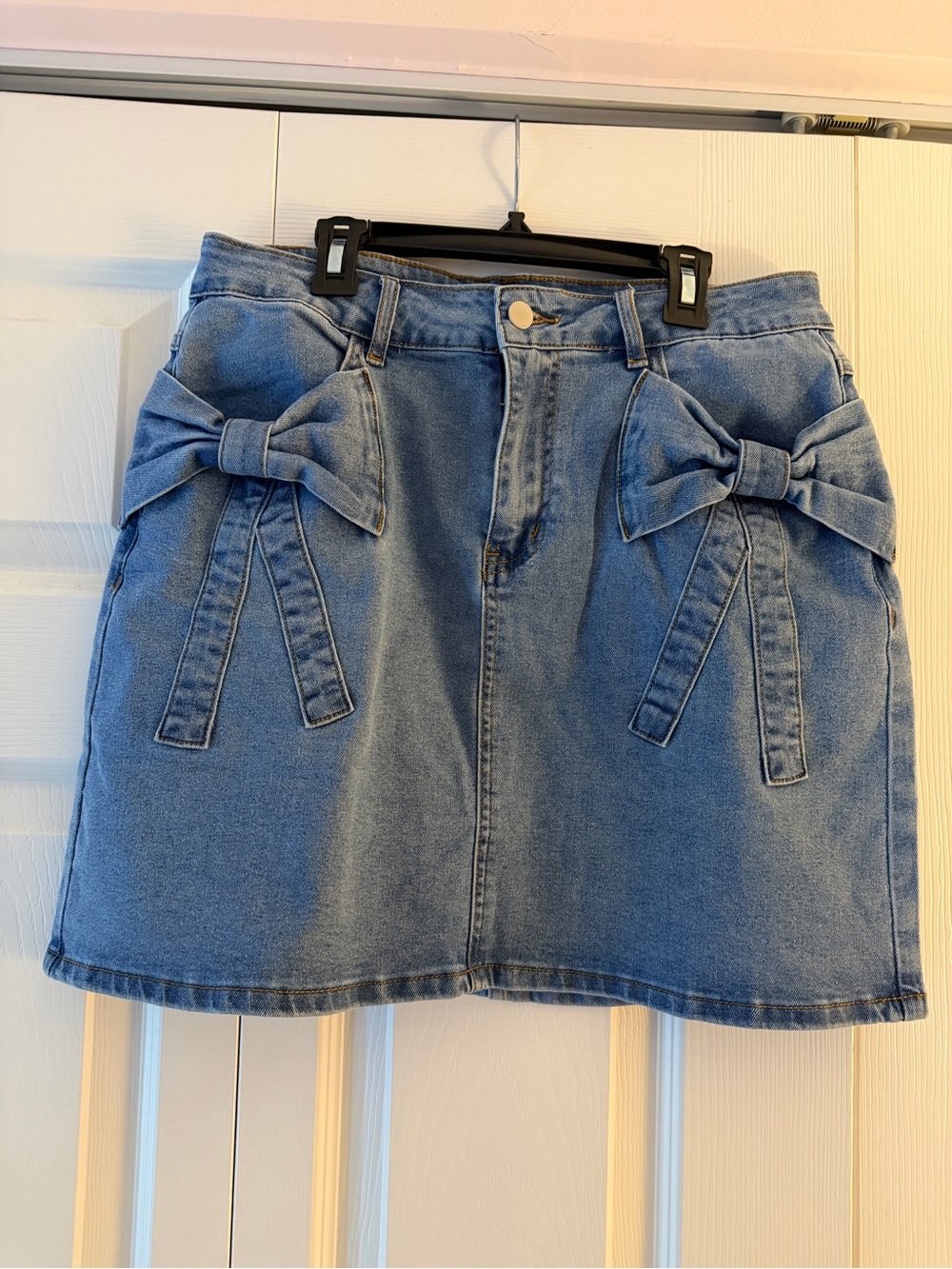 Blue Denim A-Line Mini Skirt with Bow Accents